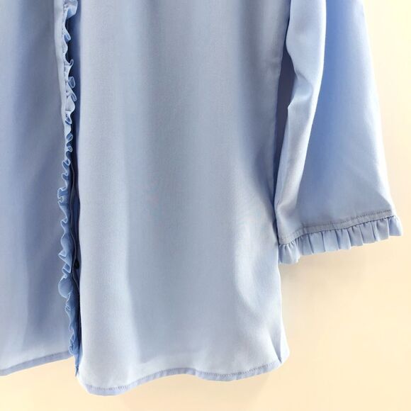 Riley & Rae baby Blue Stand Collar Ruffle trim button up Blouse Medium - Picture 6 of 9